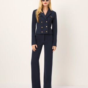 MARYLING Peaked Lapel Double-Breasted Navy Knit Short Jacket
