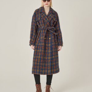 MARYLING Lapel Double-Breasted Red & Blue Plaid H-Shaped Coat