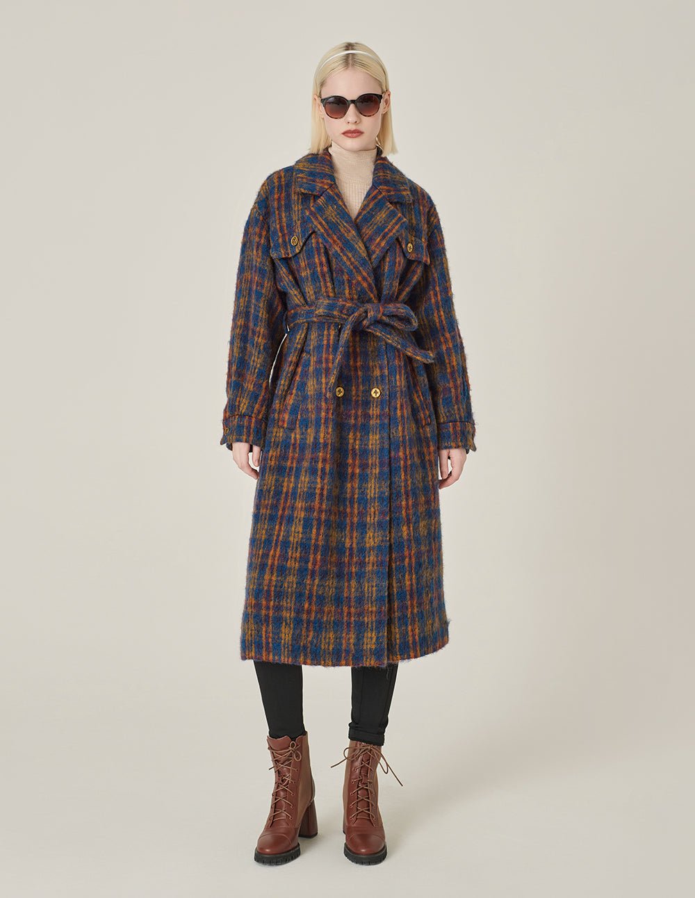 MARYLING Lapel Double-Breasted Red & Blue Plaid H-Shaped Coat