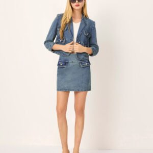 MARYLING Peaked Lapel Long-Sleeved 4-Pockets Wash Denim Jacket