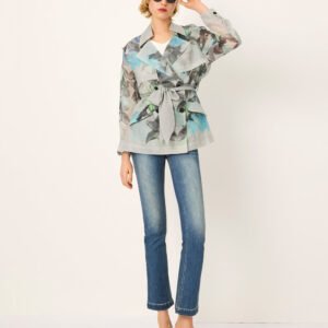 MARYLING Peaked Lapel Collar Oil Painting Tie-Waist Mid-Length Windbreaker