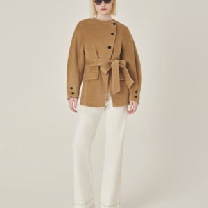 MARYLING Crew-Neck Single Oblique Breasted Belted Long-Sleeve Cashmere Coat
