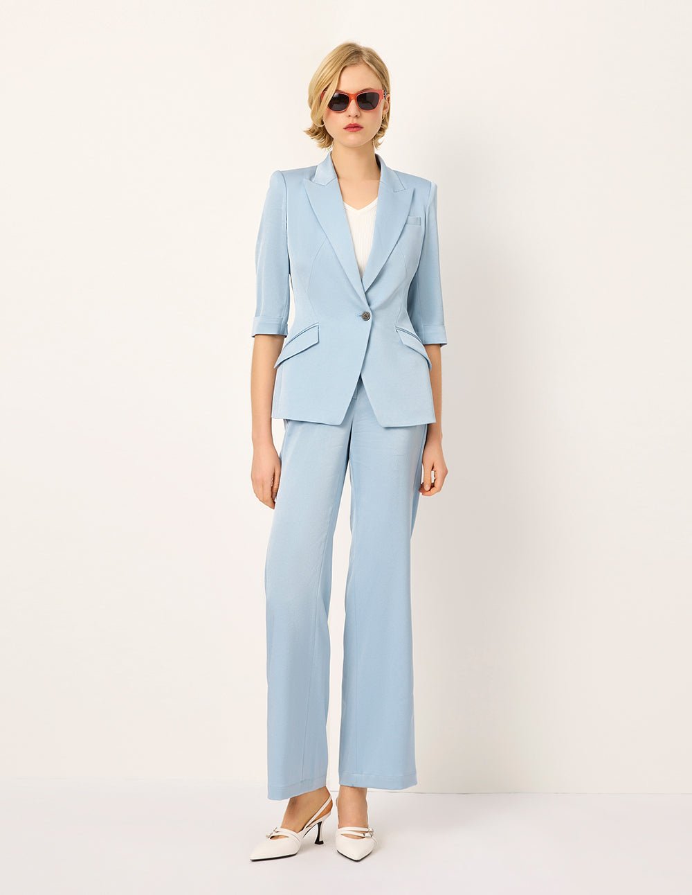MARYLING Peaked Lapel Single-Button 3/4-Sleeve Lightweight Acetate Office Chic Blazer
