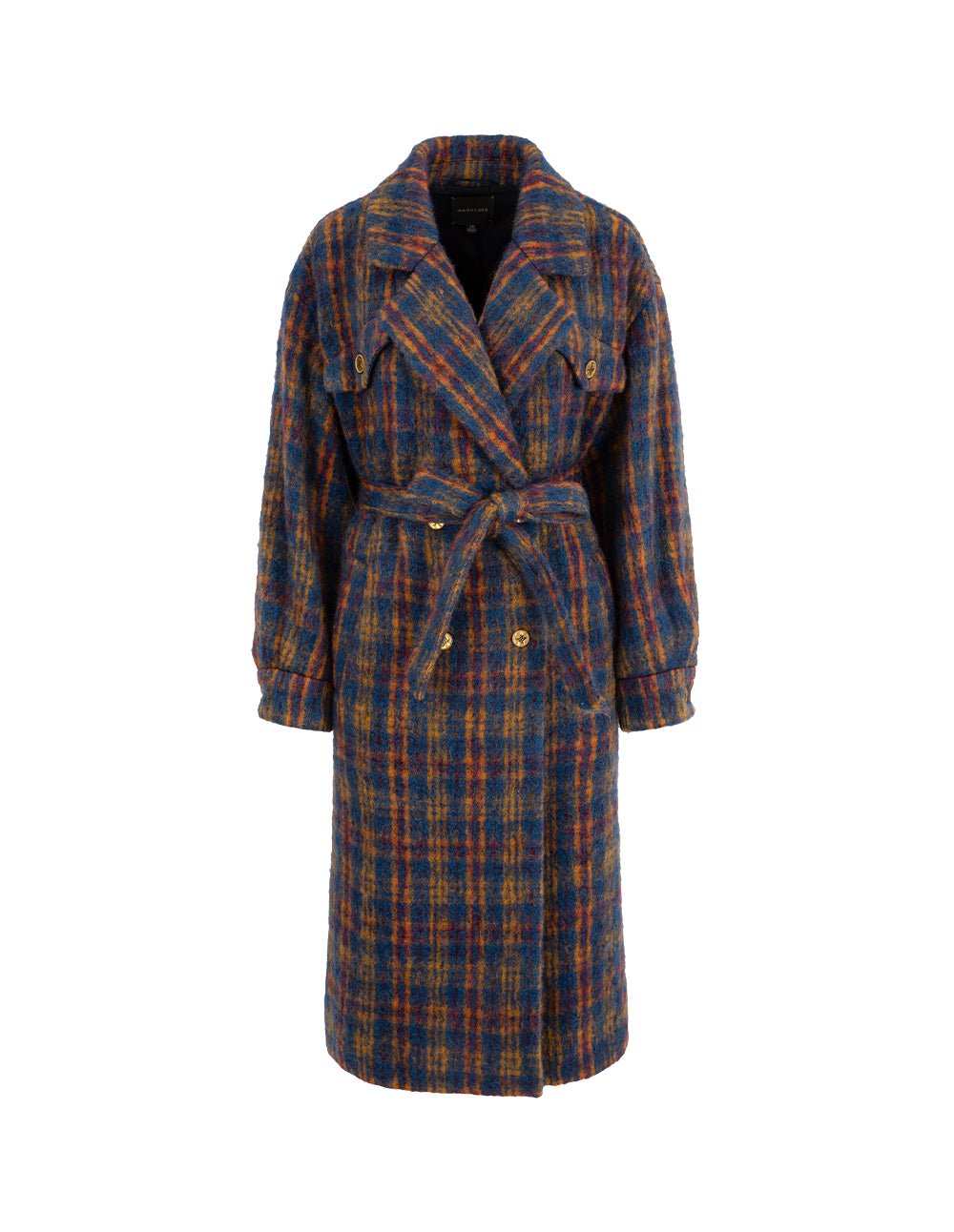 MARYLING Lapel Double-Breasted Red & Blue Plaid H-Shaped Coat - Image 2