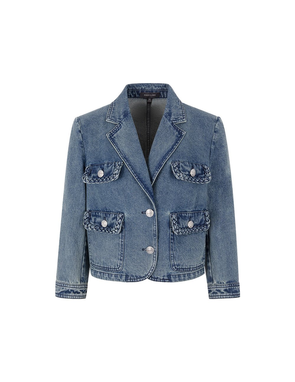 MARYLING Peaked Lapel Long-Sleeved 4-Pockets Wash Denim Jacket - Image 2