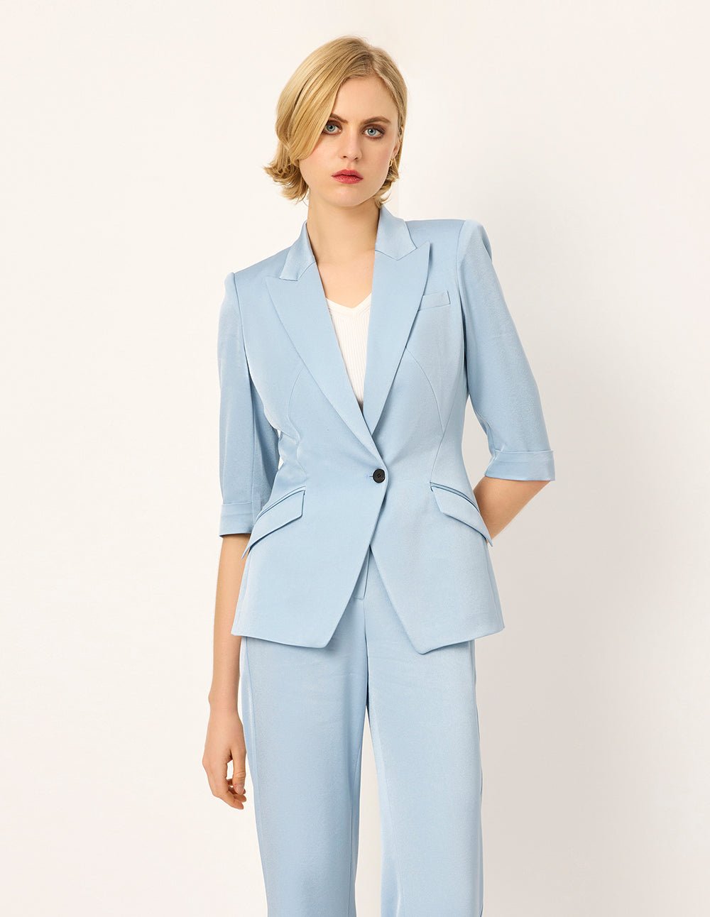 MARYLING Peaked Lapel Single-Button 3/4-Sleeve Lightweight Acetate Office Chic Blazer - Image 3