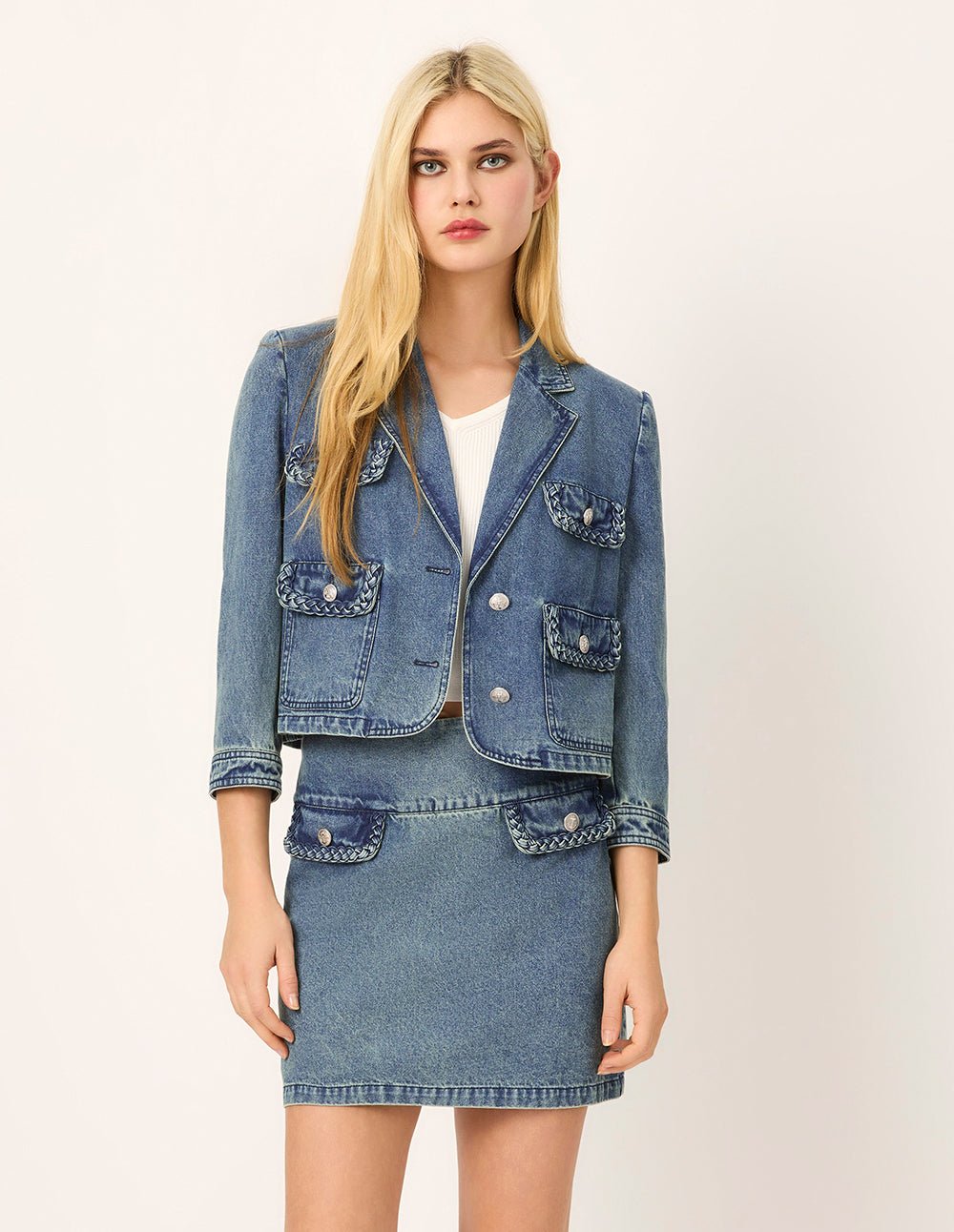 MARYLING Peaked Lapel Long-Sleeved 4-Pockets Wash Denim Jacket - Image 3