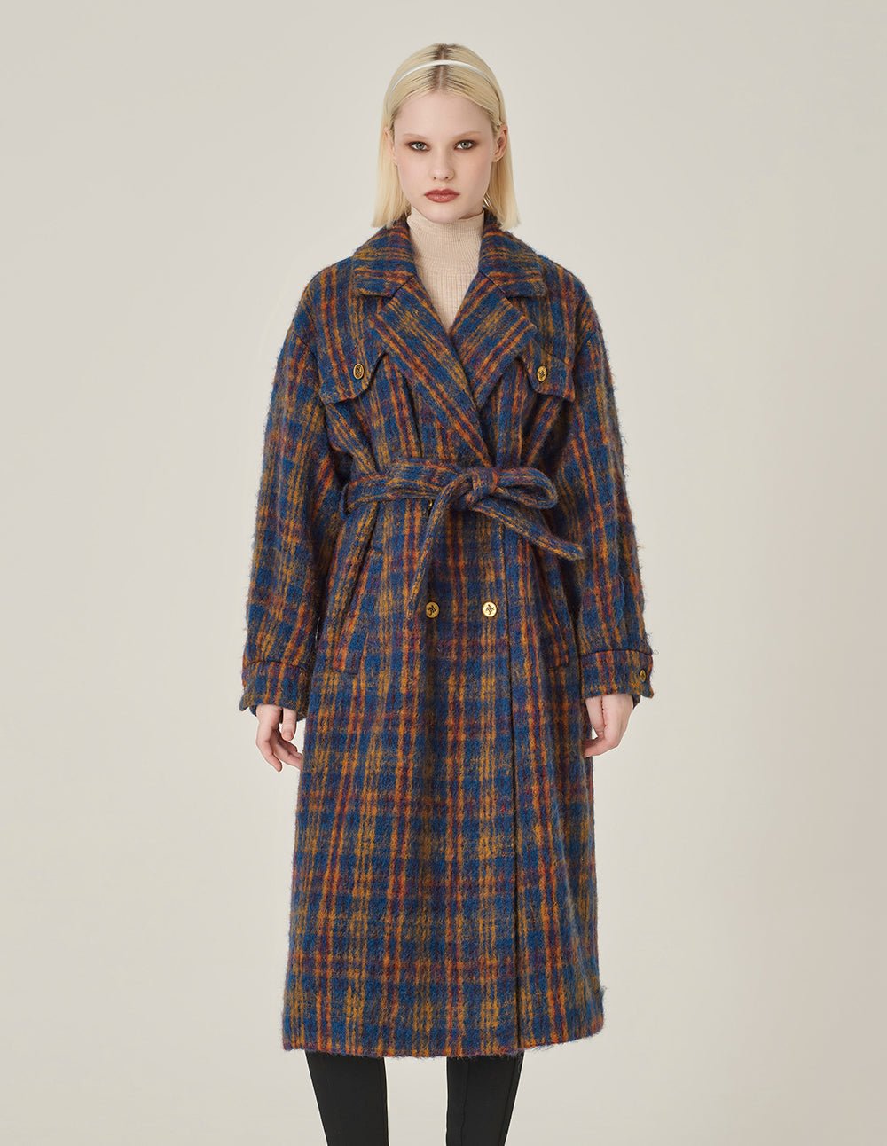 MARYLING Lapel Double-Breasted Red & Blue Plaid H-Shaped Coat - Image 3