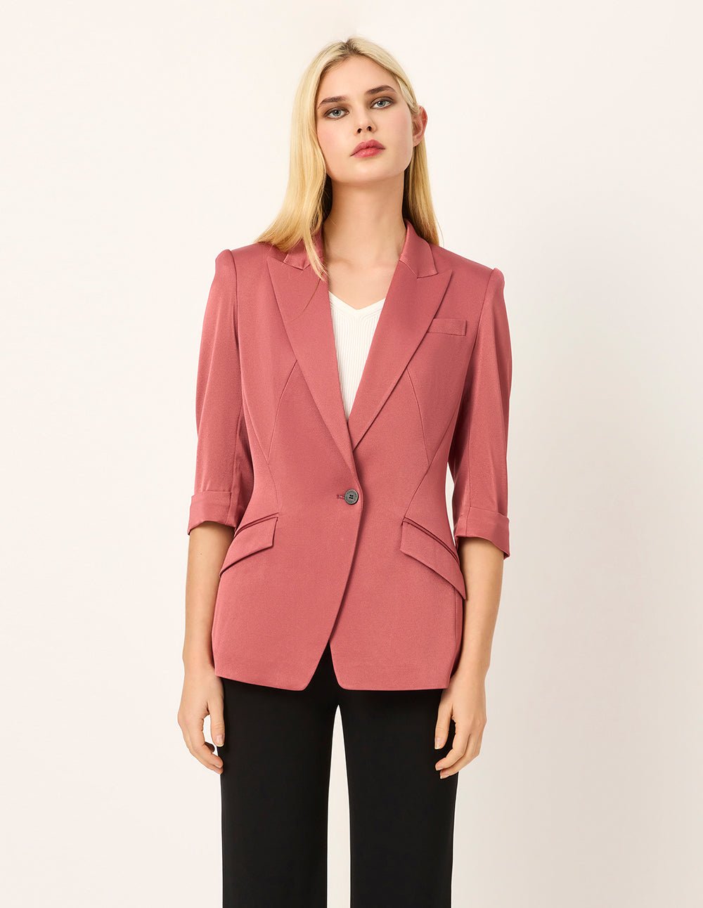 MARYLING Peaked Lapel Single-Button 3/4-Sleeve Lightweight Acetate Office Chic Blazer - Image 4