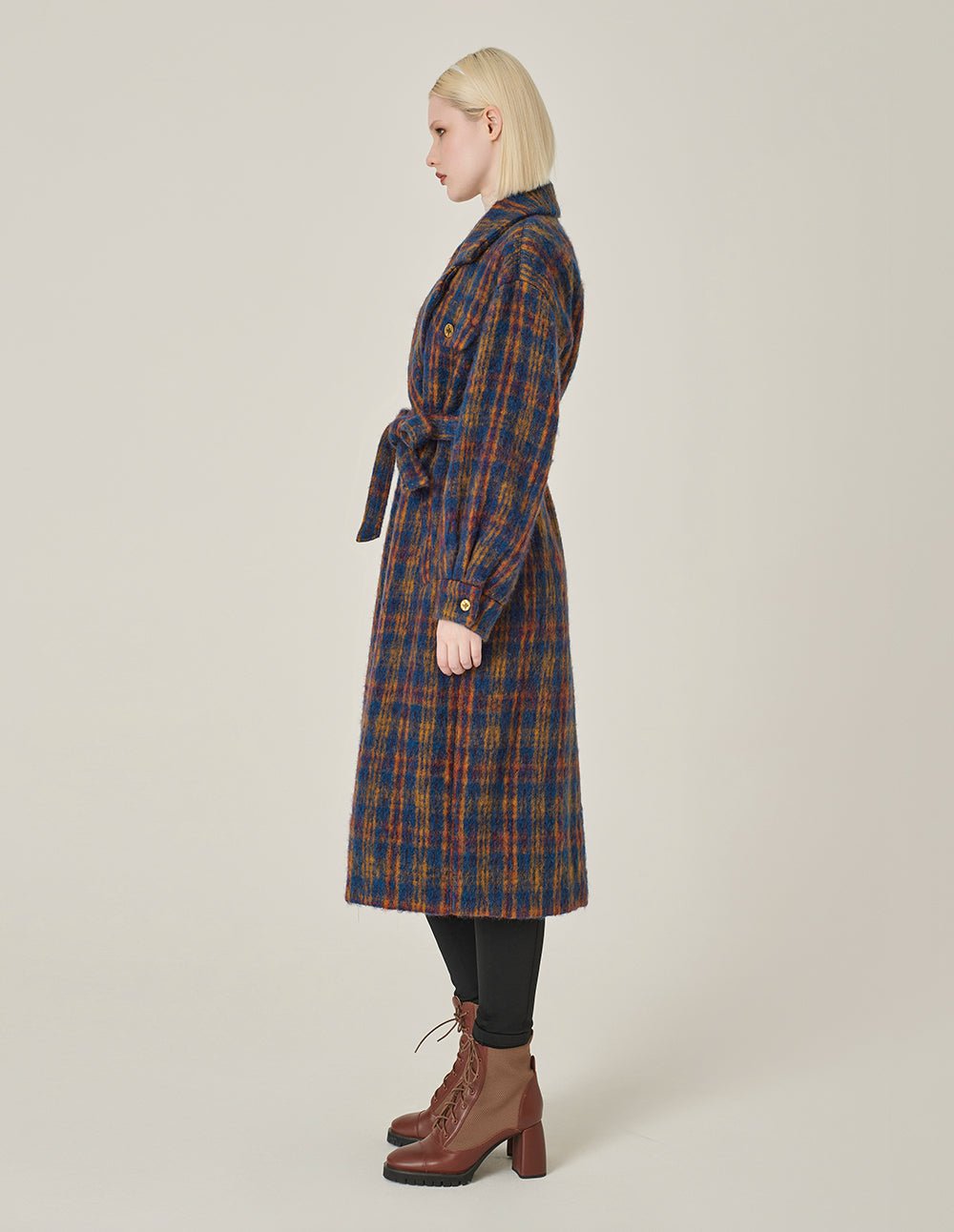 MARYLING Lapel Double-Breasted Red & Blue Plaid H-Shaped Coat - Image 4